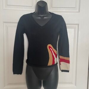 MASTINA Sweater Women 34 Black Geometric Long Sleeve Knit Wool Blend Cropped Top